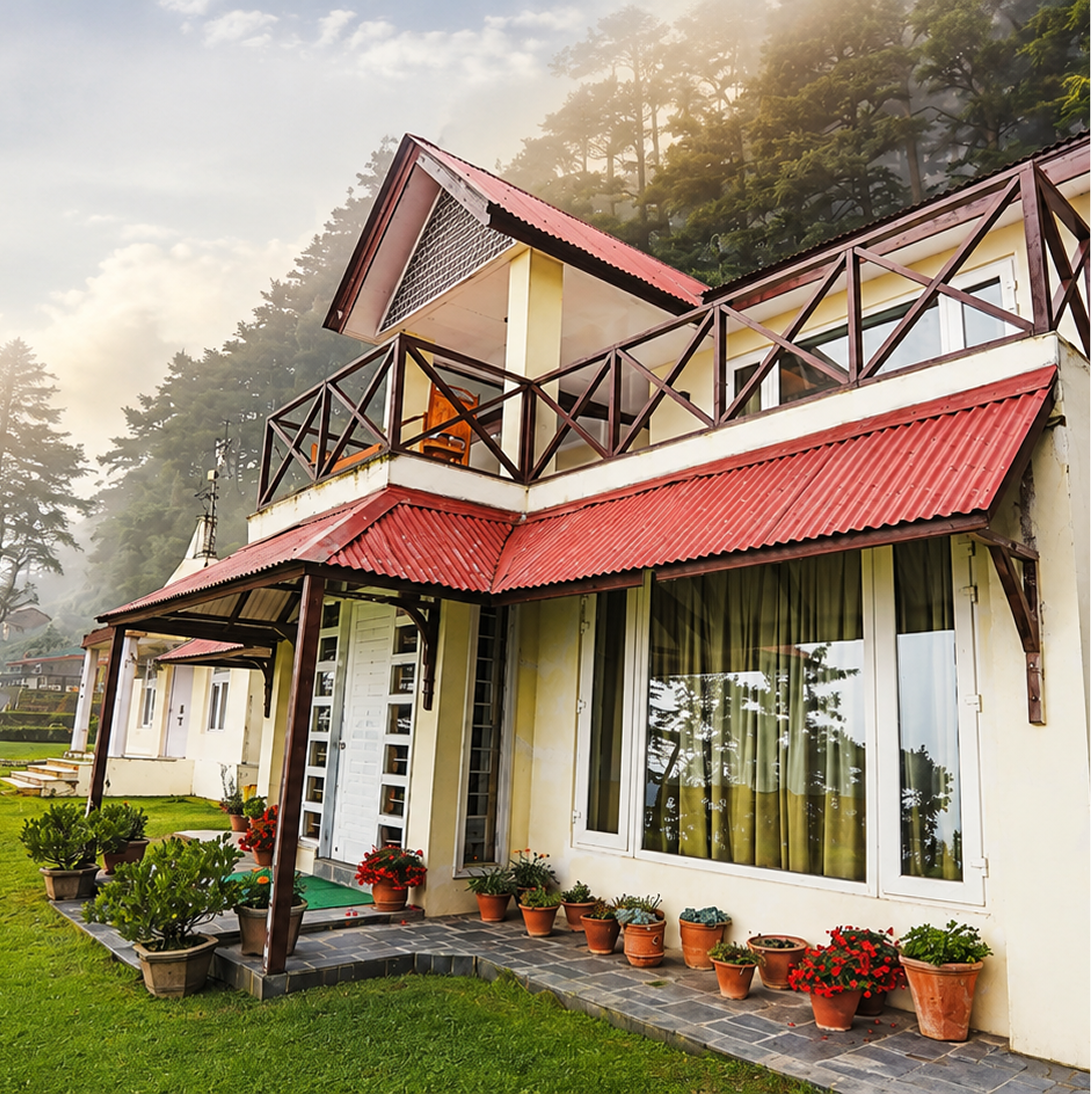 Cottage exterior among pine trees